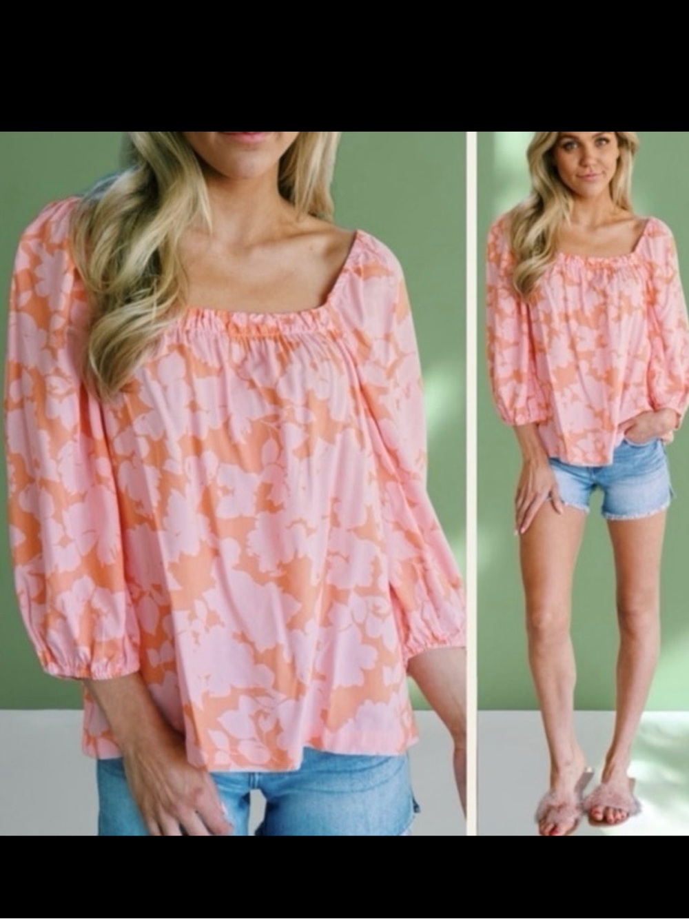 Sanctuary Peach and Light Pink Floral Square-Neck Blouse